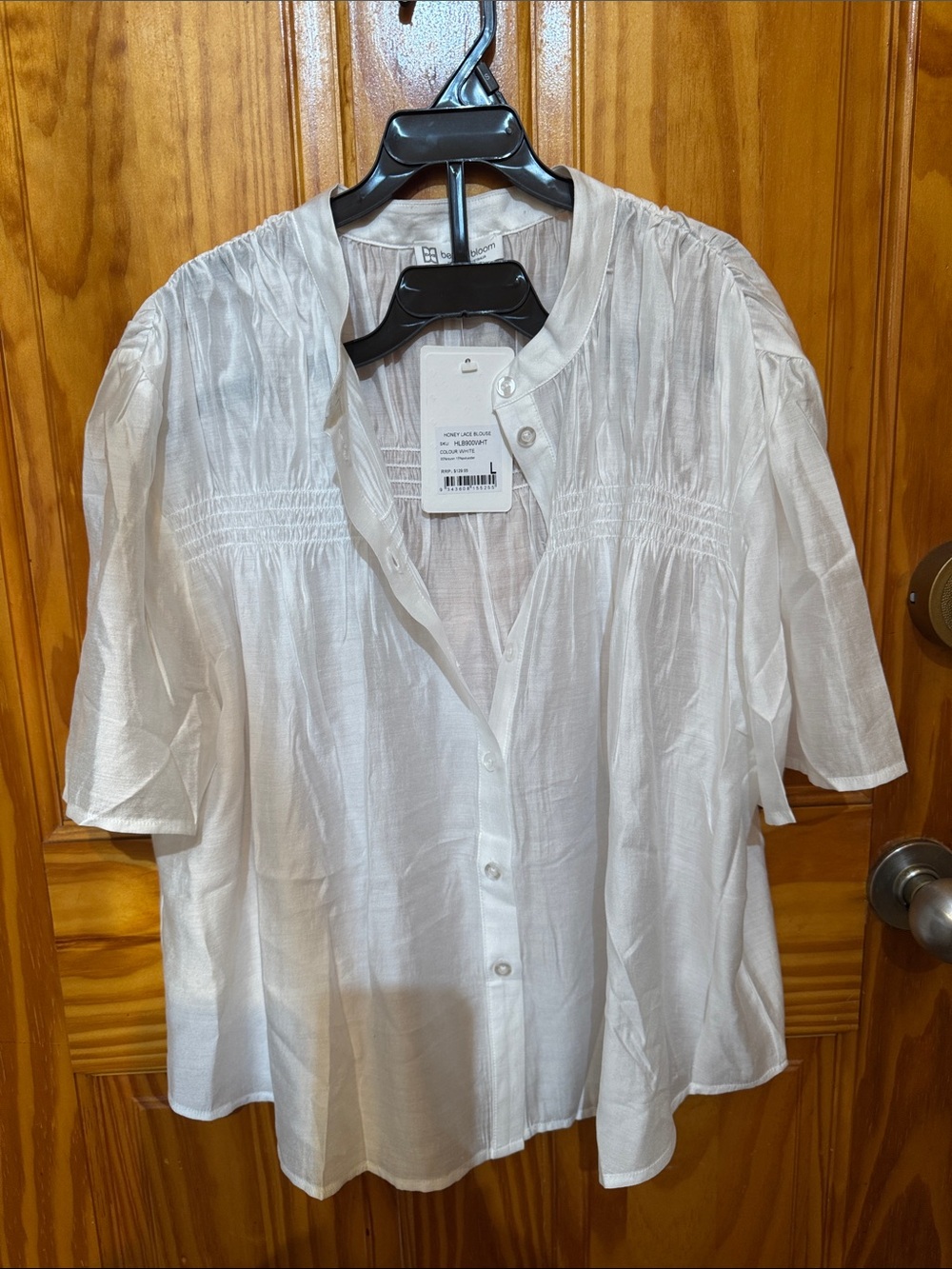 Women’s White Button-Front Blouse with Smocked Yoke
